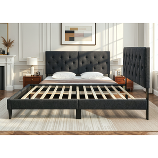 Sunvega Queen Upholstered Pleated Bed in a Box with Sturdy Dark Brown Frame