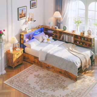 Sunvega Corner Bed Frame with Storage Bookcase Drawers LED Light Charging Station