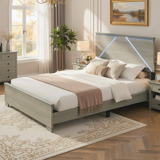 Sunvega Modern Design Queen Size Bed with LED Light Headboard and Weathered Gray Finish