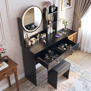 Sunvega 17 Inch Round LED Vanity Table Set with Cushioned Stool and Touch Control Mirror