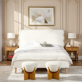 Sunvega Retro Modern Wavy Headboard Platform Bed with Upholstered Frame in Antique White