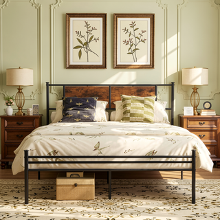 Sunvega Full Size Metal Bed Frame with Wood Panel Headboard in Black and Brown