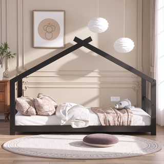 Sunvega Full Size Playhouse Design Wood Bed with Roof for Kids Room