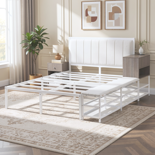 Sunvega Full Size Metal Platform Bed with Two Tier Storage Shelves and Wooden Cabinet