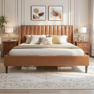 Sunvega Handmade Vertical Tufted Headboard Platform Bed Set in Light Beige Linen