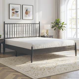 Sunvega Mid-Century Modern Design Full Platform Bed with Vertical Slats Headboard