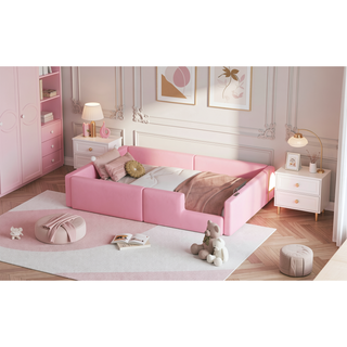 Sunvega Pink Twin Size Upholstered Platform Bed with Guardrail and Charging Station