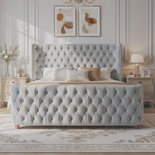 Sunvega Brooklyn King Tufted Panel Bed Headboard and Footboard Set in Caramel Tan Brown