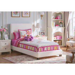 Sunvega Twin Size Upholstered Bed Frame in White Leather Look with Simplistic Headboard