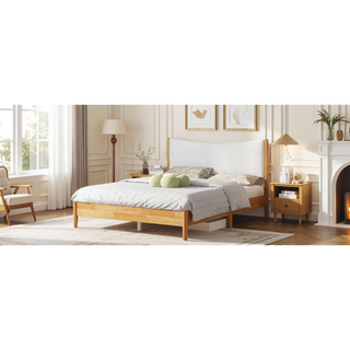 Sunvega Queen Size Boucle Upholstered Headboard Solid Rubber Wood Bed with Support Feet