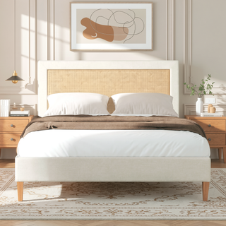 Sunvega Antique White Polyester Upholstered Cane-Back Platform Bed with Birch Frame