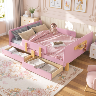 Sunvega Twin Size Solid Wood Platform Bed with Storage Drawers and Guardrail