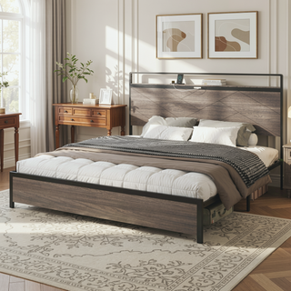 Sunvega Modern Wood and Metal Platform Bed Frame with LED Headboard USB Charging