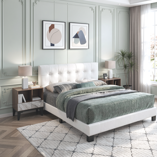 Sunvega Modern Faux Leather Queen Size Bed with Rectangle Headboard and Support Legs