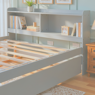 Sunvega White Twin Trundle Bed with Storage Headboard and Bookcase