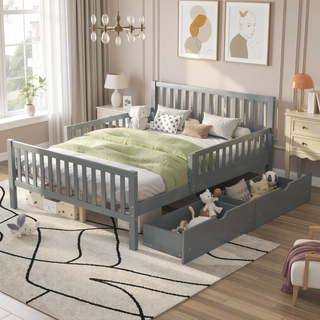 Sunvega Twin Size Walnut Wood Platform Bed with Guardrails and Two Storage Drawers