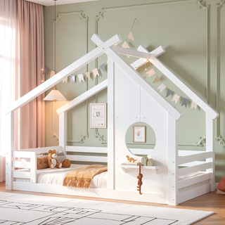 Sunvega White Twin House Floor Bed with Window and Shelf for Kids Room