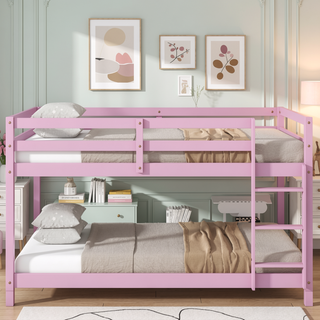 Sunvega Twin over Twin Floor Bunk Bed with Ladder and Strengthened Slats in Espresso