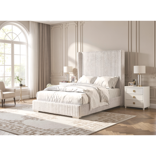 Sunvega Contemporary White Fur Chenille Fabric Mattress Ready Queen Size Bed