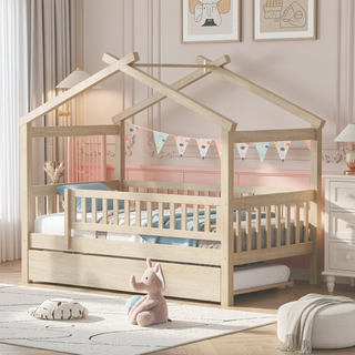 Sunvega Twin Size Wooden House Bed with Trundle and Headboard in Walnut
