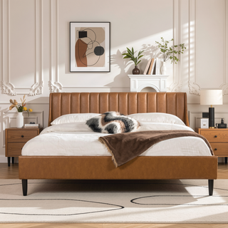 Sunvega Handmade Vertical Tufted Headboard Platform Bed Set in Light Beige Linen
