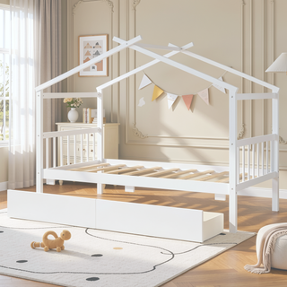 Sunvega Twin Size Wooden House Bed with Drawers and Headboard for Kids Room