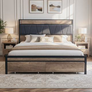 Sunvega Full Size Metal Platform Bed Frame with Upholstery Storage Headboard and Footboard