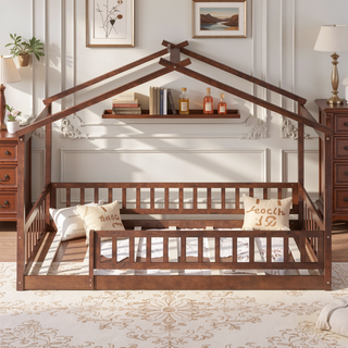 Sunvega Full Size House Bed Frame with Playhouse Fence and Roof for Kids