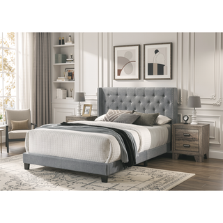 Sunvega Gray Polyester Fabric Wingback Bed with Button-tufted Details and Nailhead Trim
