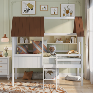 Sunvega Twin Size Low Loft Wood House Bed with Two Side Windows for Kids Playhouse