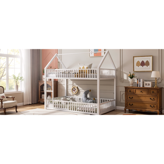 Sunvega Sturdy Metal Twin over Twin House Bunk Bed with Fence and Door
