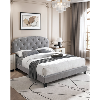 Sunvega Light Gray Burlap Button Tufted Headboard Full Size Bed with Nailhead Trim