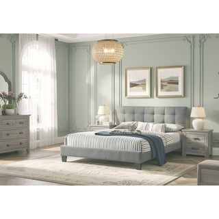 Sunvega Modern Light Gray Upholstered Tufted Headboard California King Platform Bed