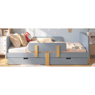 Sunvega Twin Size Solid Wood Platform Bed with Storage Drawers and Guardrail