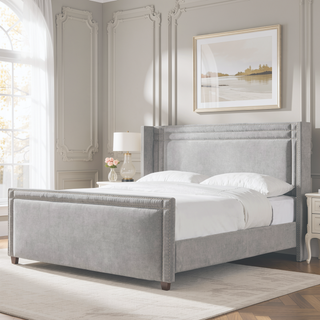 Sunvega Silver Grey Polyester Upholstered King Bed with Iron Nailhead Accents