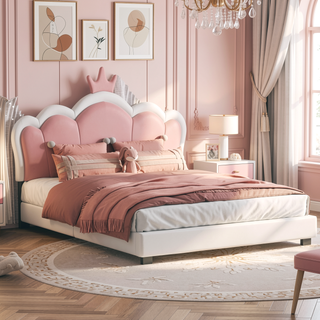 Sunvega Cream Pink Full Size Princess Bed with Crown Headboard and Footboard