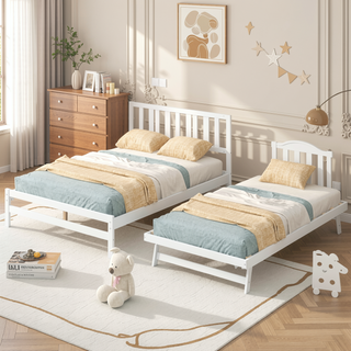 Sunvega Full Size Platform Bed with Adjustable Trundle and Headboard in Gray