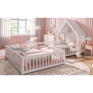 Sunvega Full Size House Floor Bed with Door and Full-Length Guardrails for Kids