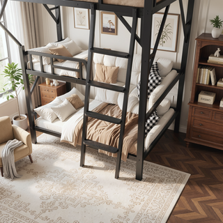 Sunvega Full Metal Loft Bed with Storage Shelf and Ladder for Kids Teens