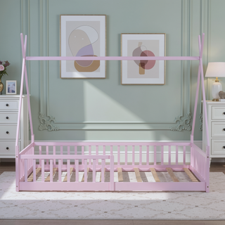 Sunvega White Distressed Washed Wood House Bed with Fence for Kids Twin Size