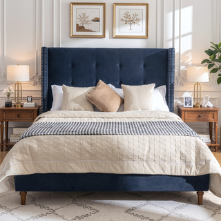 Sunvega Blue Velvet King Bed with Nailhead Trim Wingback and Buttoned Tufting