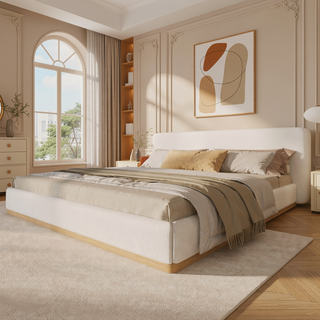 Sunvega Upholstered King Bed With Solid Wood Frame And Wooden Slatted Base White