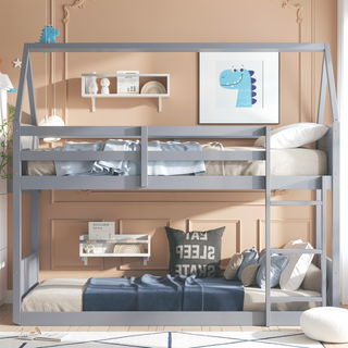 Sunvega Twin Over Twin House Floor Bunk Bed with Headboards Footboards Guardrails and Ladder