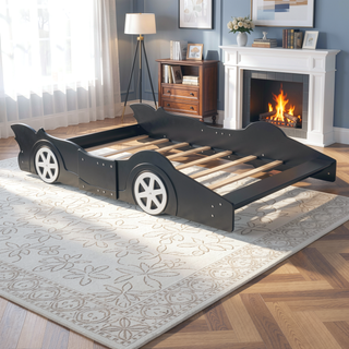 Sunvega Blue Twin Size Race Car-Shaped Platform Bed with Wheels for Kids