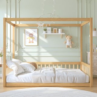 Sunvega Wooden Canopy Frame Floor Bed with Guardrails for Safety and Privacy