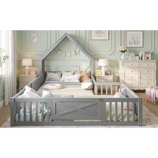 Sunvega Full Size House Floor Bed with Door and Full-Length Guardrails for Kids