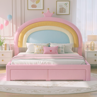 Sunvega Full Size Velvet Upholstered Rainbow Princess Platform Bed with Storage Drawer