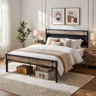 Sunvega Full Size Metal Platform Bed Frame with Upholstery Storage Headboard and Footboard
