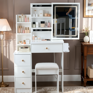 Sunvega Small Space Left Bedside Cabinet Vanity Table with Cushioned Stool and Sliding Mirror