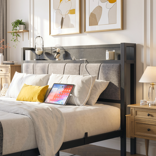 Sunvega Full Size Bed Frame with Storage Headboard and Charging Station Outlets